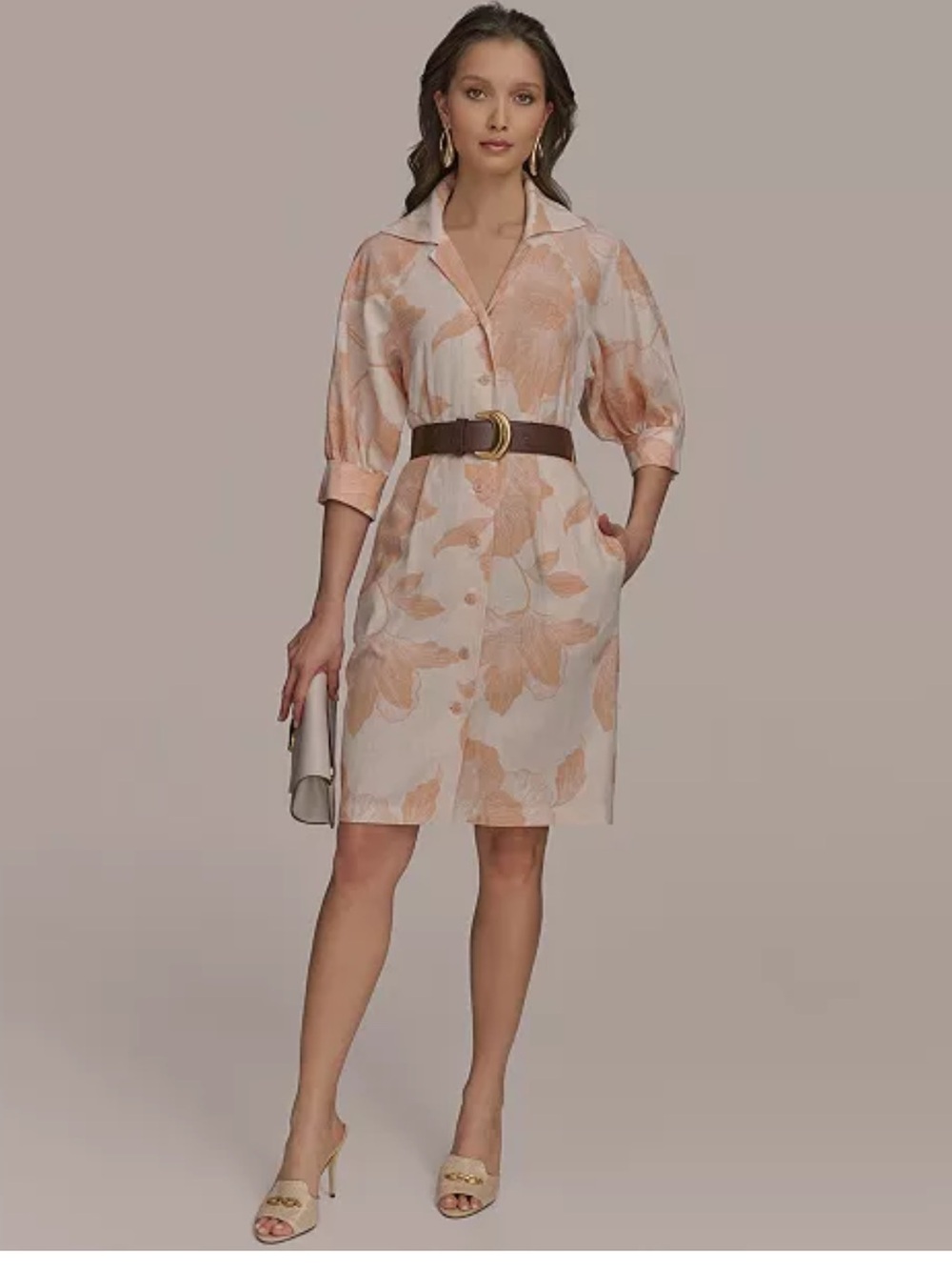 Donna Karan Peach and Cream Floral Midi Shirtdress